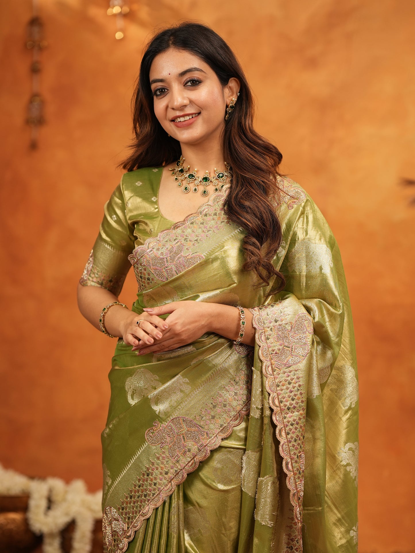 Mehendi Green Tissue Silk Embroidered Saree with Zari Motifs & Designer Border | Heavy Embroidered Blouse with Tassels | Wedding & Festive Wear Saree