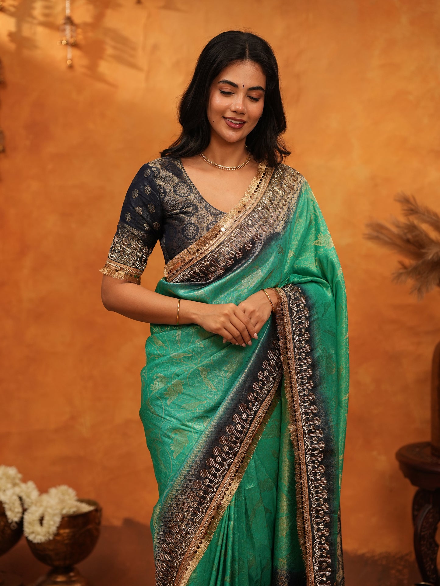Elegant Teal Green Banarasi Silk Saree with Black Zari Border & Rich Woven Pallu | Designer Festive & Wedding Wear Saree