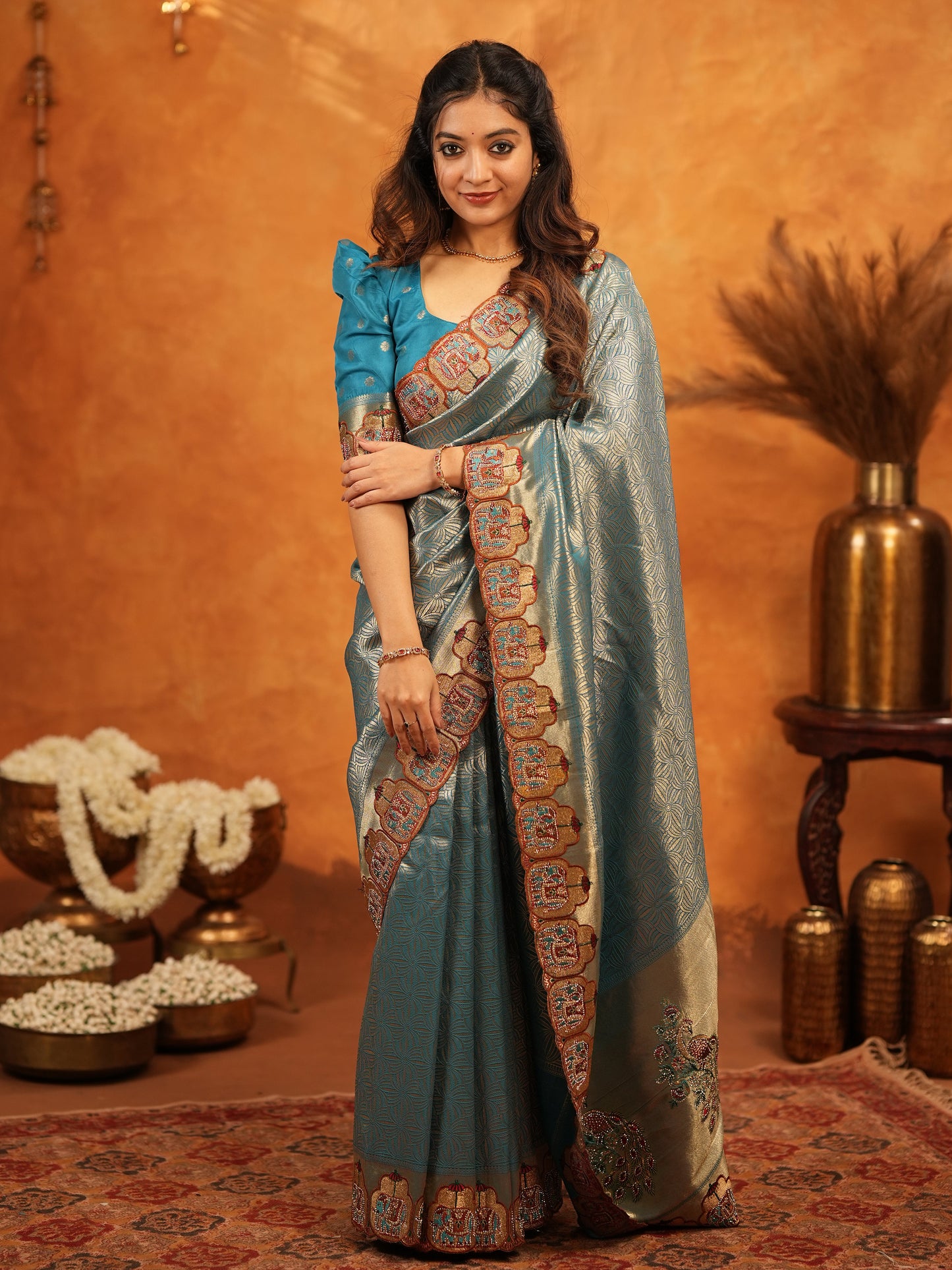 Teal Blue Banarasi Silk Saree with All-Over Zari Weaving & Ornamental Embroidered Border | Designer Wedding & Festive Wear Saree with Blouse