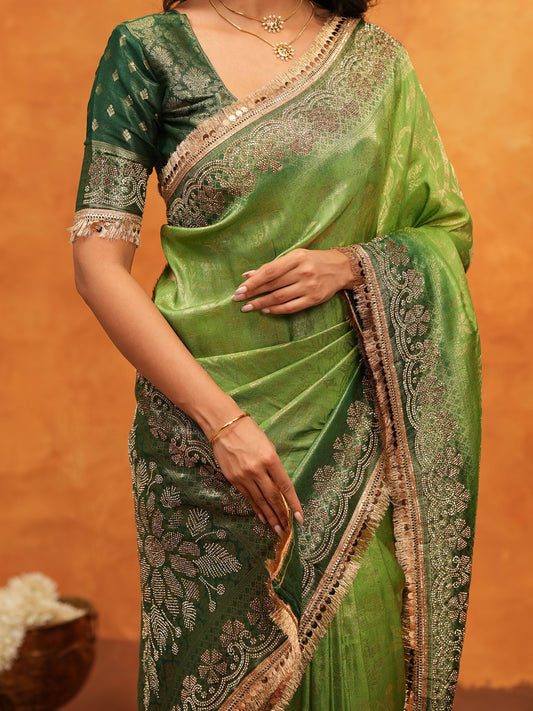 Emerald Green Banarasi Silk Saree with Intricate Zari Border & Rich Woven Pallu | Designer Festive & Wedding Wear Saree