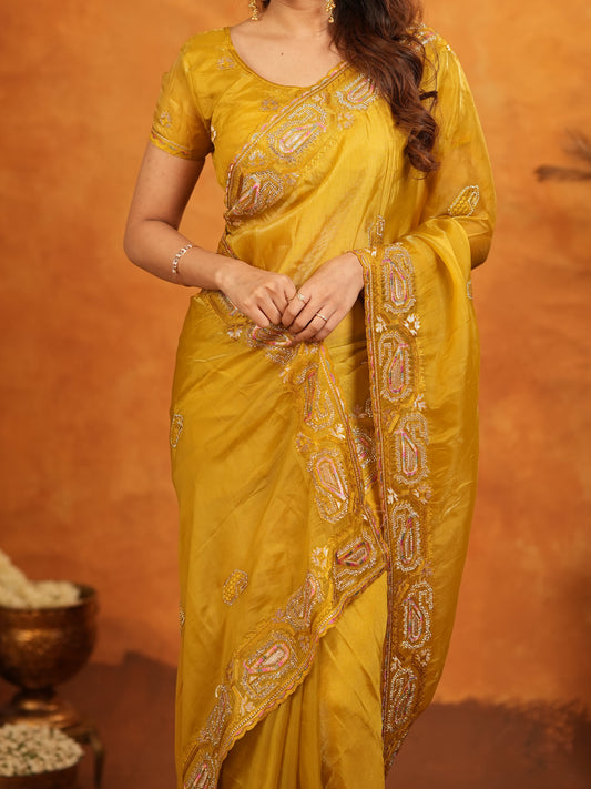 Mustard Yellow Fendy Satin Embroidered Saree with Geometric Border & Rich Designer Pallu | Festive Wedding Wear Saree with Blouse