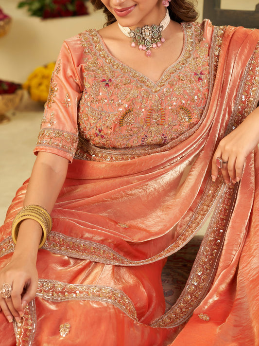 Peach Designer Fendy Satin Saree with Heavy Embroidered Blouse & Stone Work Border | Premium Wedding Party Wear Saree