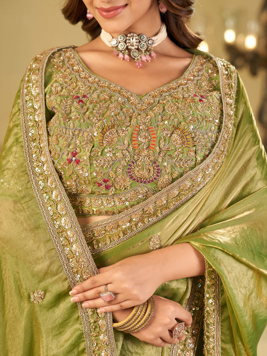 Pista Green Designer Fendy Satin Saree with Heavy Embroidered Blouse & Zari Border | Premium Wedding Party Wear Saree