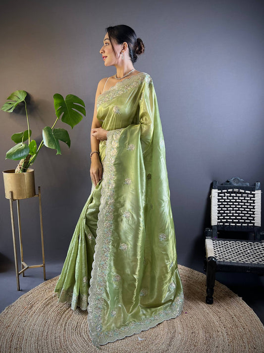 Gold Crunchy Saree With Sequins Embroidery And Cut Work