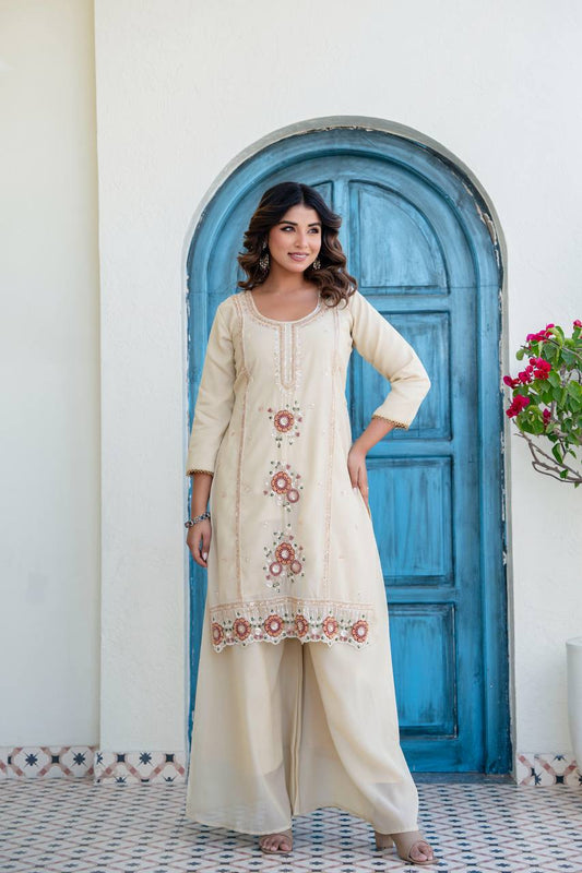 Women’s Cream Embroidered Kurti Palazzo Set with Organza Dupatta | Festive Ethnic