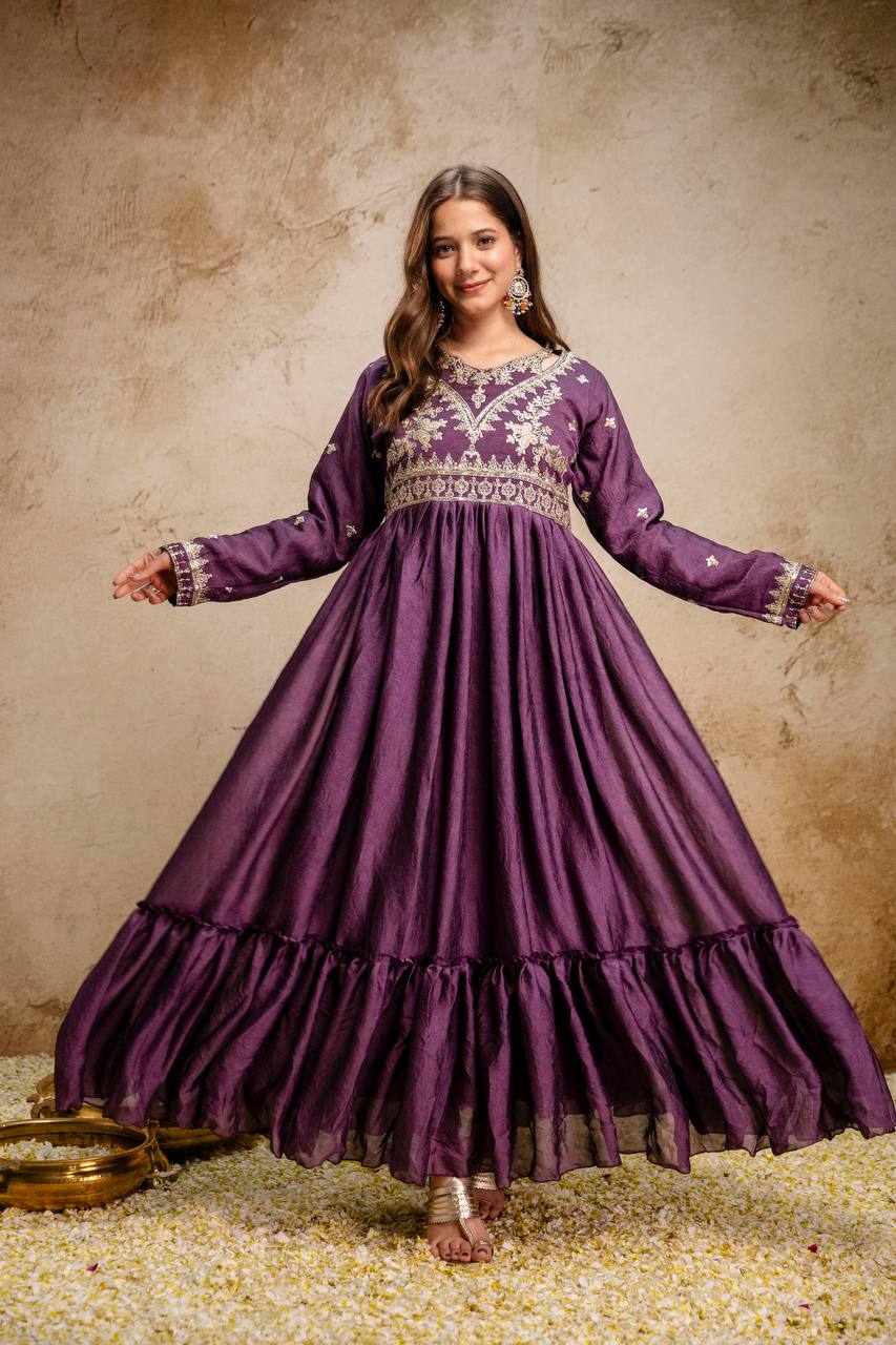 Women’s Designer Rangoli Crush Embroidered Gown with Dupatta | Party Wear Anarkali Gown Set