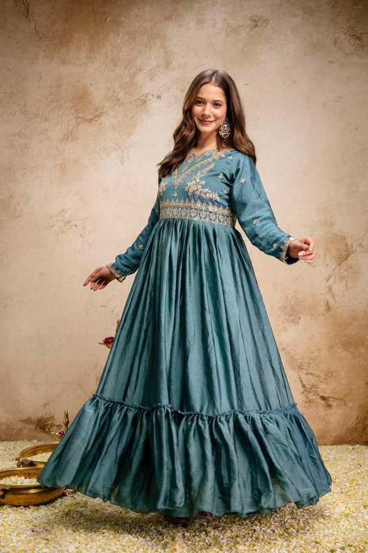 Designer Rangoli Crush Embroidered Gown with Dupatta