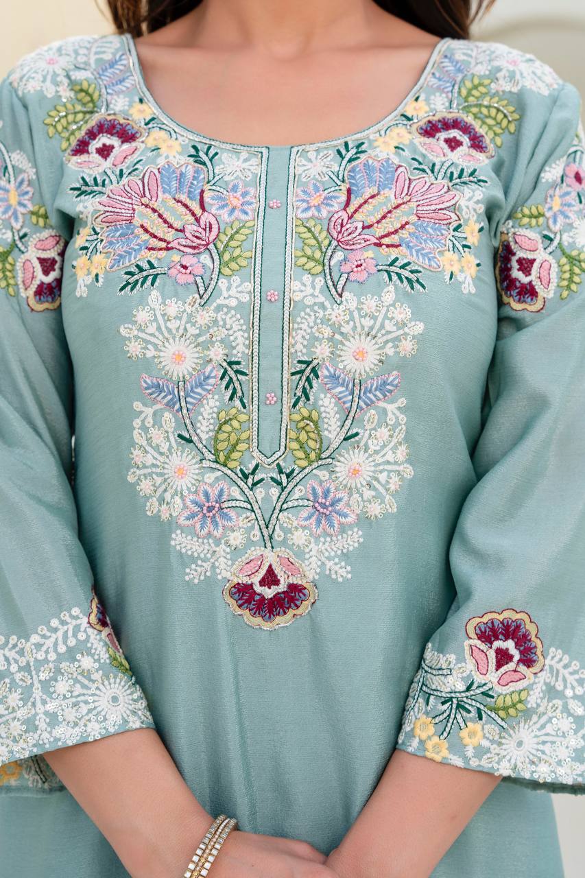 Festive Wear Embroidered Kurti Set with Dupatta