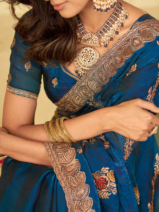 Teal Blue Designer Fendy Satin Saree with Floral Embroidery Work | Premium Party Wear Embroidered Saree with Blouse