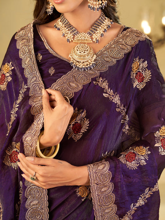 Royal Purple Designer Fendy Satin Saree with Floral Embroidery Work | Premium Party Wear Embroidered Saree with Blouse