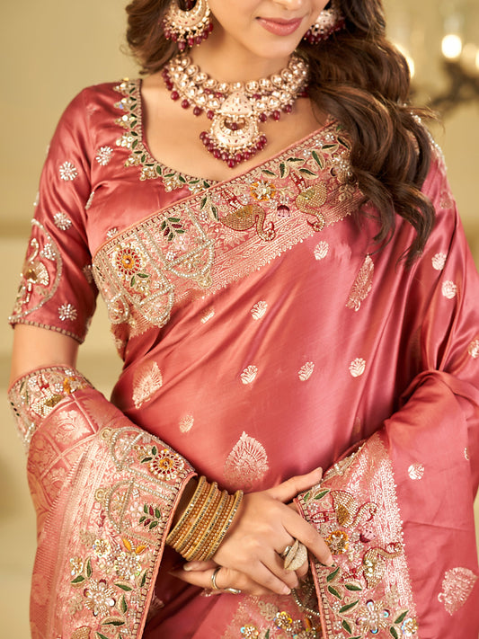 Rose Pink Banarasi Silk Saree with Floral Embroidered Border & Rich Zari Weaving | Designer Wedding Festive Saree