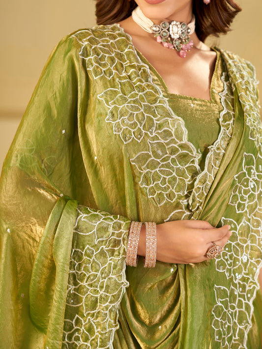 Pista Green Fendy Satin Saree with White Floral Embroidery Border | Elegant Designer Festive Wear Saree with Blouse