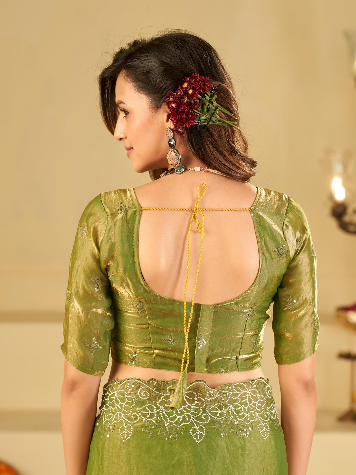Pista Green Fendy Satin Saree with White Floral Embroidery Border | Elegant Designer Party Wear Saree with Blouse