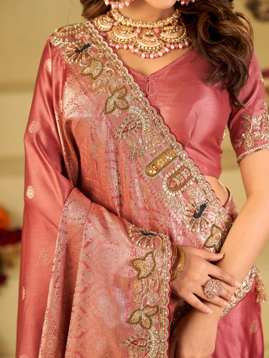 Rose Pink Banarasi Silk Saree with Floral Embroidered Border & Rich Zari Woven Pallu | Designer Wedding Festive Saree