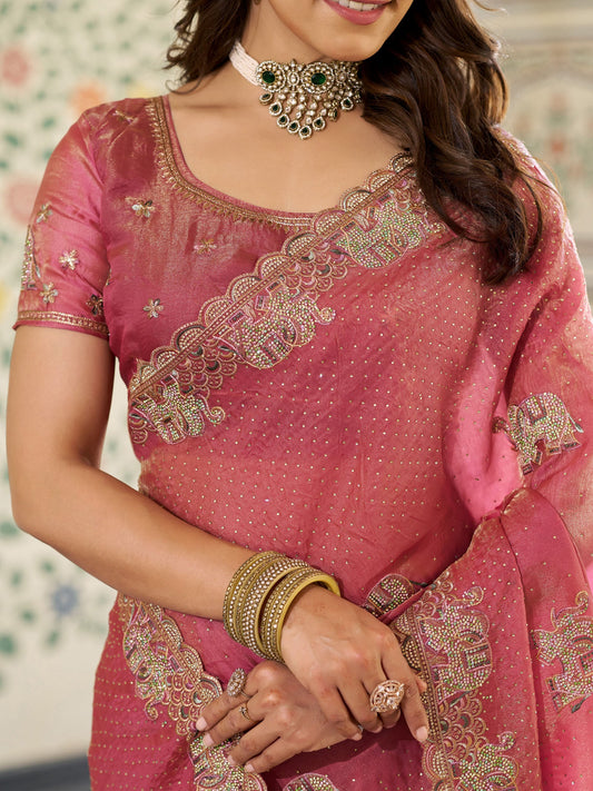 Dusty Rose Pink Fendy Satin Embroidered Saree with Elephant Motifs & Zari Border | Designer Festive Saree with Tassels & Heavy Embroidered Blouse