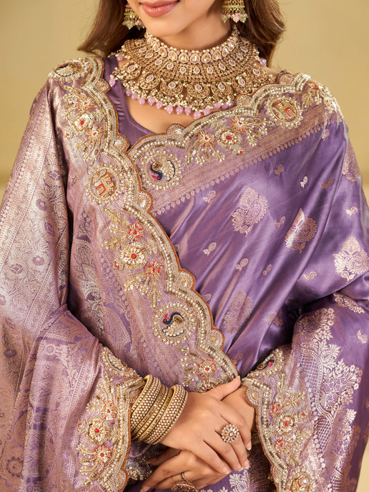 Lavender Purple Banarasi Silk Saree with Heavy Embroidered Border & Rich Zari Woven Pallu | Designer Wedding Festive Saree