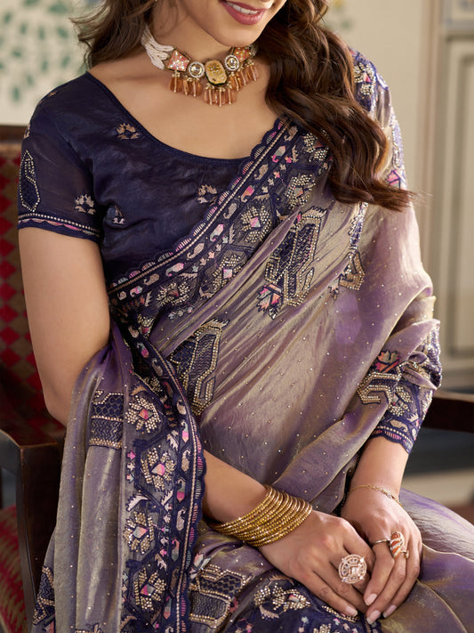 Lavender Purple Fendy Satin Embroidered Saree with Ethnic Elephant Motifs & Designer Zari Border | Festive Saree with Tassels & Heavy Embroidered Blouse