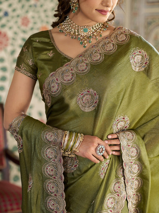 Olive Green Fendy Satin Embroidered Saree with Circular Motifs & Heavy Zari Border | Designer Saree with Tassels & Embroidered Blouse
