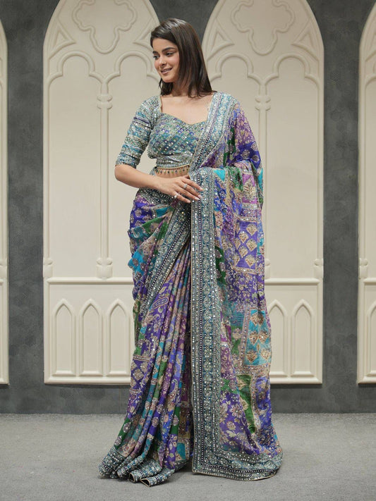Multi-Color Printed Silk Saree with Blouse | Festive & Wedding Wear (blue)