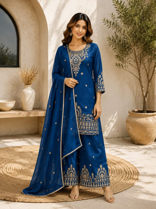 Women's Festive Wear Embroidered Kurta Sharara Set with Dupatta