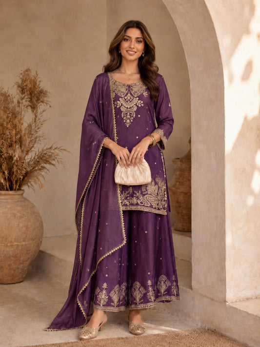 Women's Purple Embroidered Kurta Palazzo Set with Dupatta | Party Wear Ethnic Suit