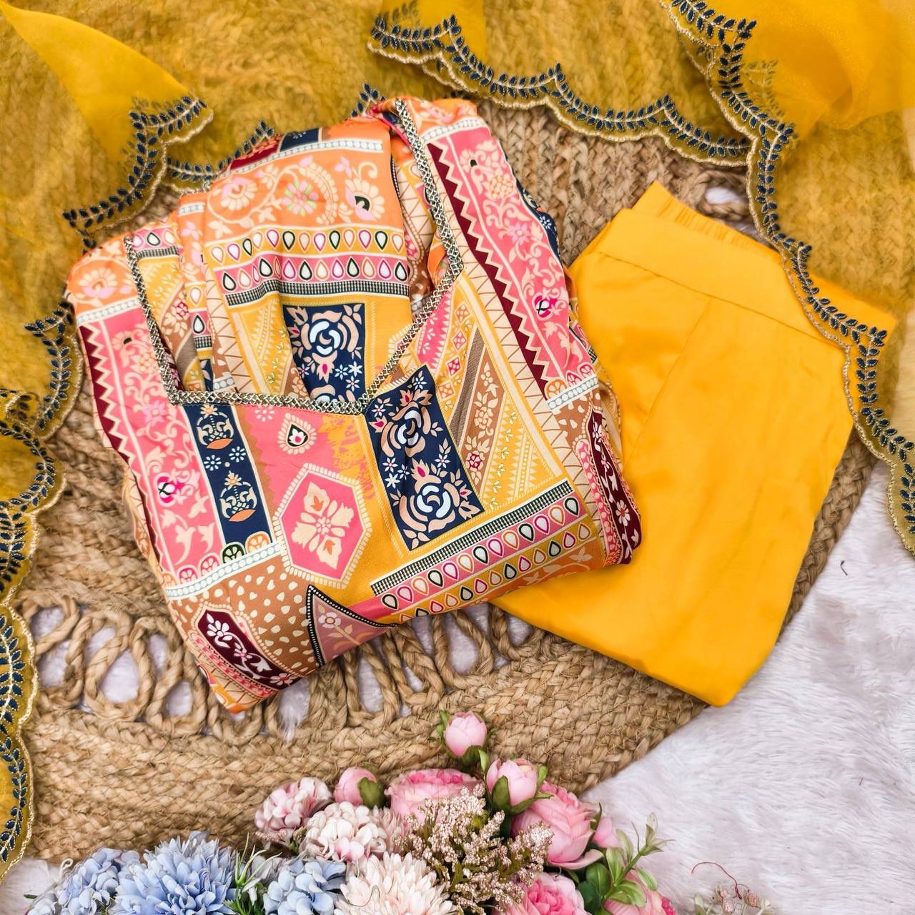 Yellow Wedding Wear Kurta Palazzo Suit Set for Women with Embroidery Work