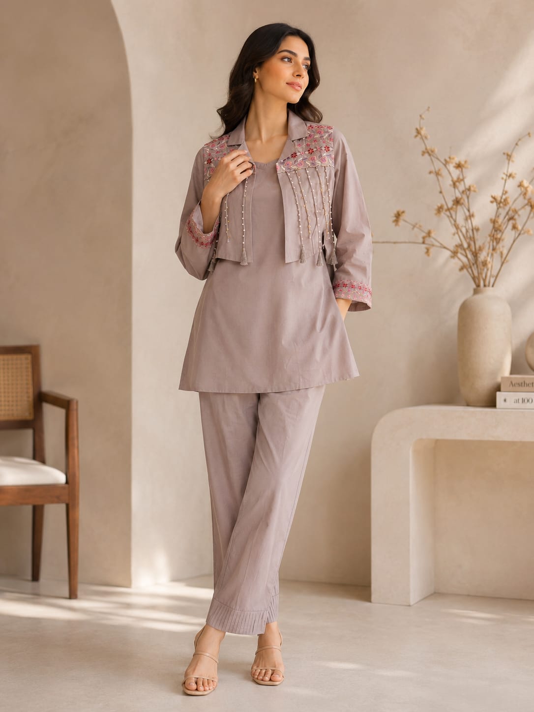 Premium Cotton Co-Ord Set for Women with Embroidered Jacket | Casual & Office Wear
