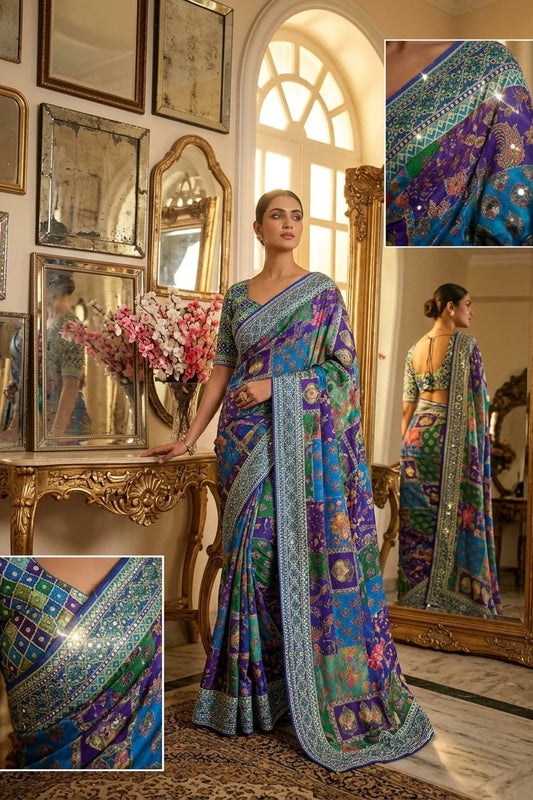 Multi-Color Printed Silk Saree with Blouse | Festive & Wedding Wear (blue)