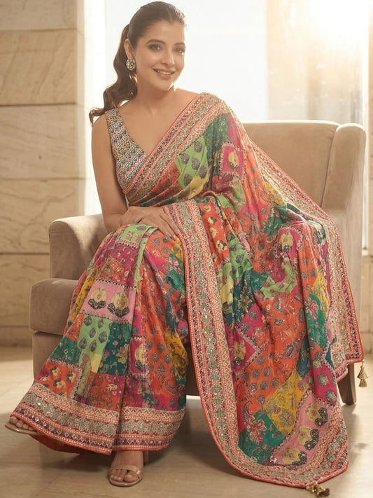Designer Printed Silk Saree with Blouse | Festive & Wedding Wear (orange 2)