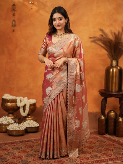 Peach Pink Tissue Silk Embroidered Saree with Zari Motifs & Designer Border | Heavy Embroidered Blouse with Tassels | Wedding & Festive Wear Saree