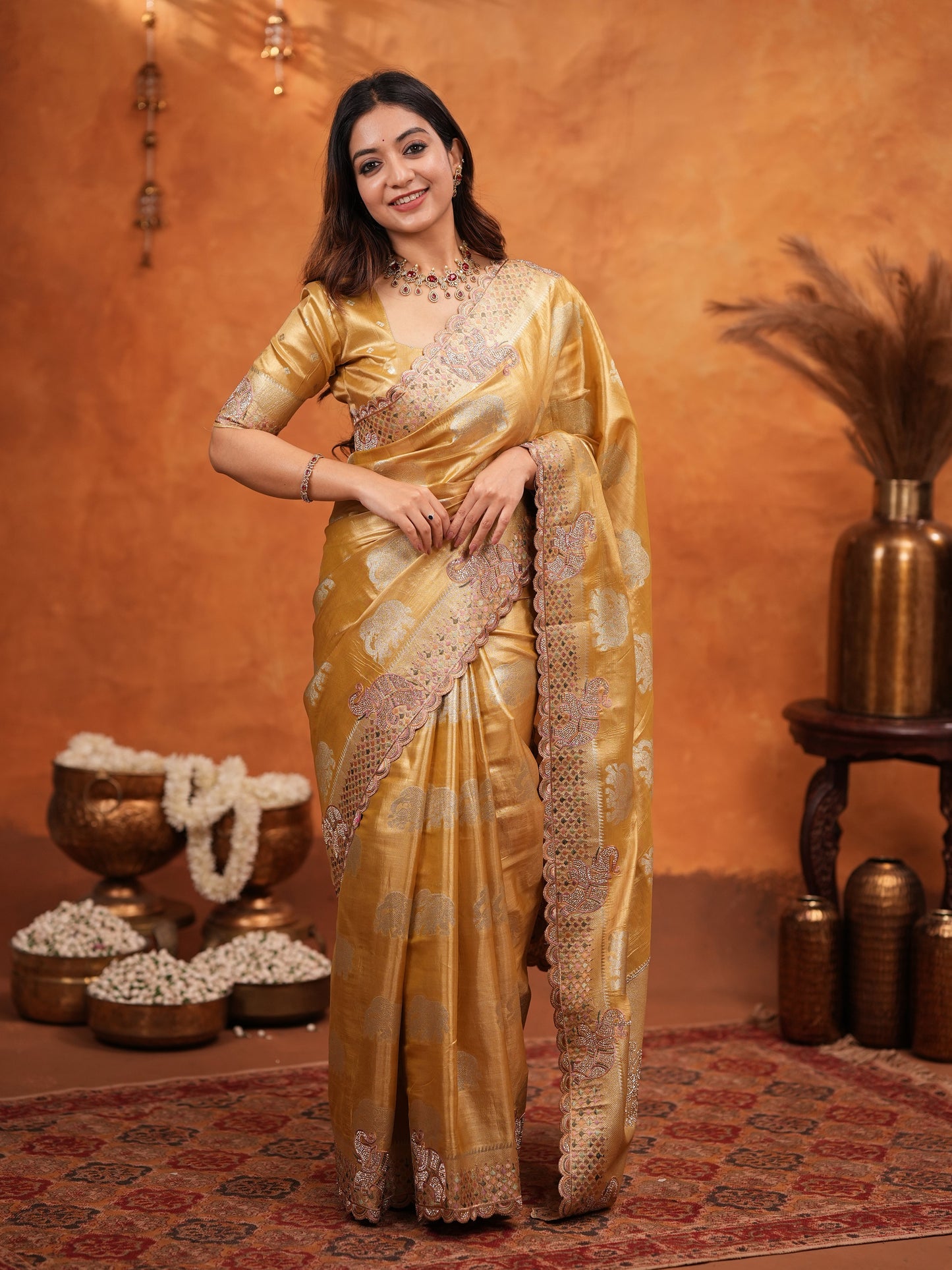 Golden Tissue Silk Embroidered Saree with Rich Zari Motifs & Designer Border | Heavy Embroidered Blouse with Tassels | Wedding & Festive Wear Saree