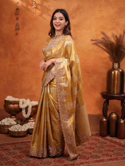 Golden Tissue Silk Embroidered Saree with Rich Zari Motifs & Designer Border | Heavy Embroidered Blouse with Tassels | Wedding & Festive Wear Saree