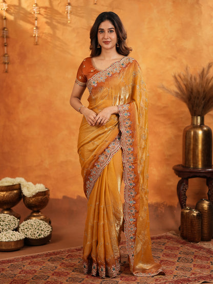 Mustard Gold Fendy Satin Embroidered Saree with Multicolor Floral Border & Tassels | Designer Festive Party Wear Saree with Heavy Embroidered Blouse