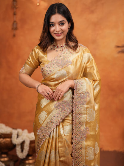 Golden Tissue Silk Embroidered Saree with Rich Zari Motifs & Designer Border | Heavy Embroidered Blouse with Tassels | Wedding & Festive Wear Saree