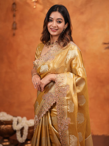 Golden Tissue Silk Embroidered Saree with Rich Zari Motifs & Designer Border | Heavy Embroidered Blouse with Tassels | Wedding & Festive Wear Saree
