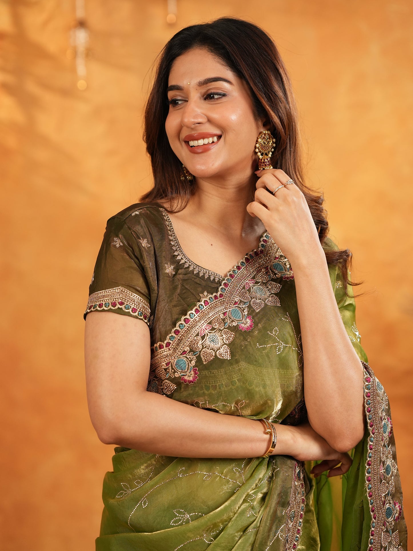 Olive Green Fendy Satin Embroidered Saree with Multicolor Floral Border & Tassels | Designer Festive Wear Saree with Heavy Embroidered Blouse