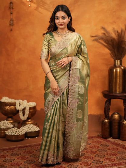 Olive Green Tissue Silk Embroidered Saree with Zari Motifs & Designer Border | Heavy Embroidered Blouse with Tassels | Wedding & Festive Wear Saree