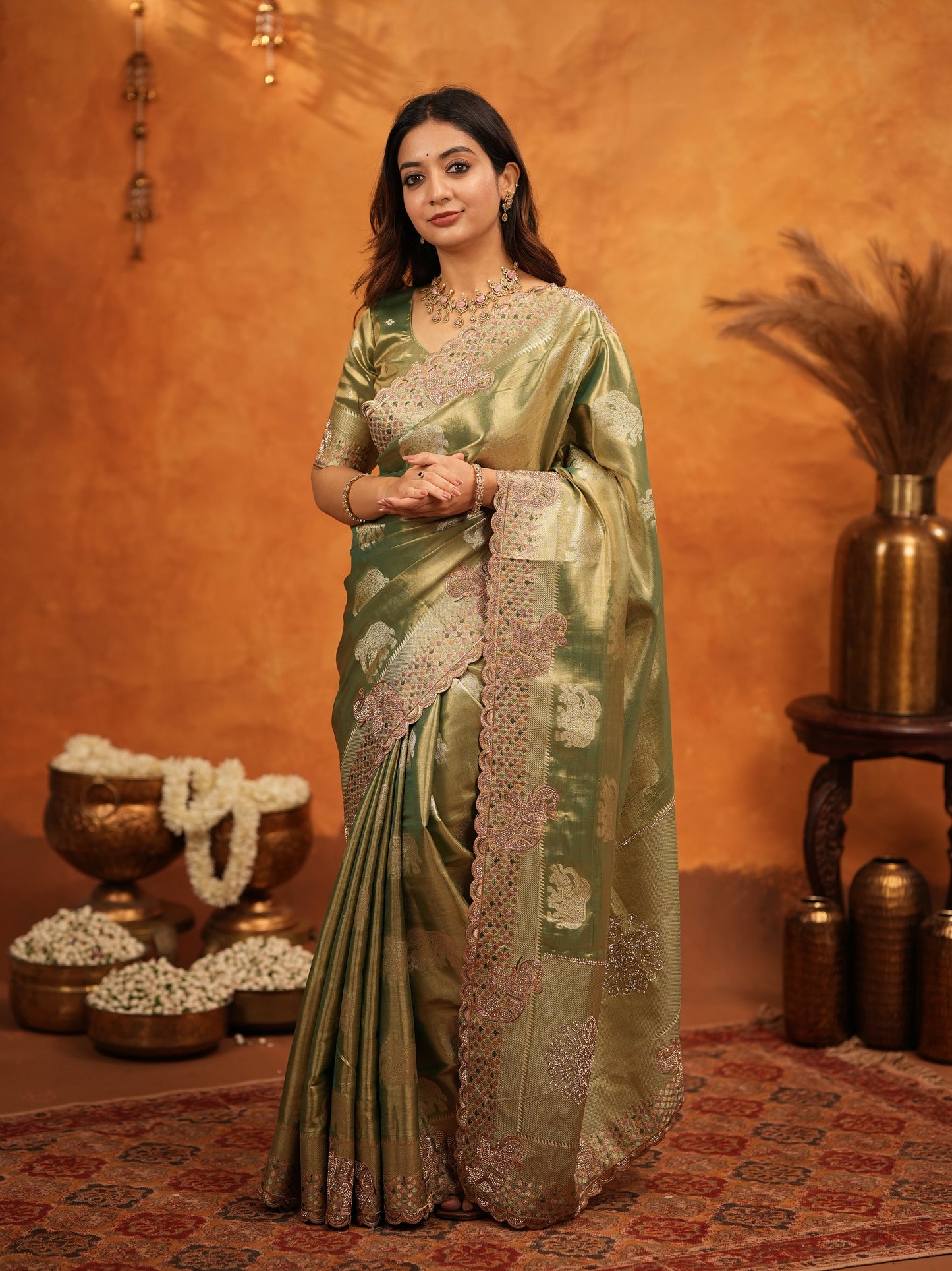 Olive Green Tissue Silk Embroidered Saree with Zari Motifs & Designer Border | Heavy Embroidered Blouse with Tassels | Wedding & Festive Wear Saree