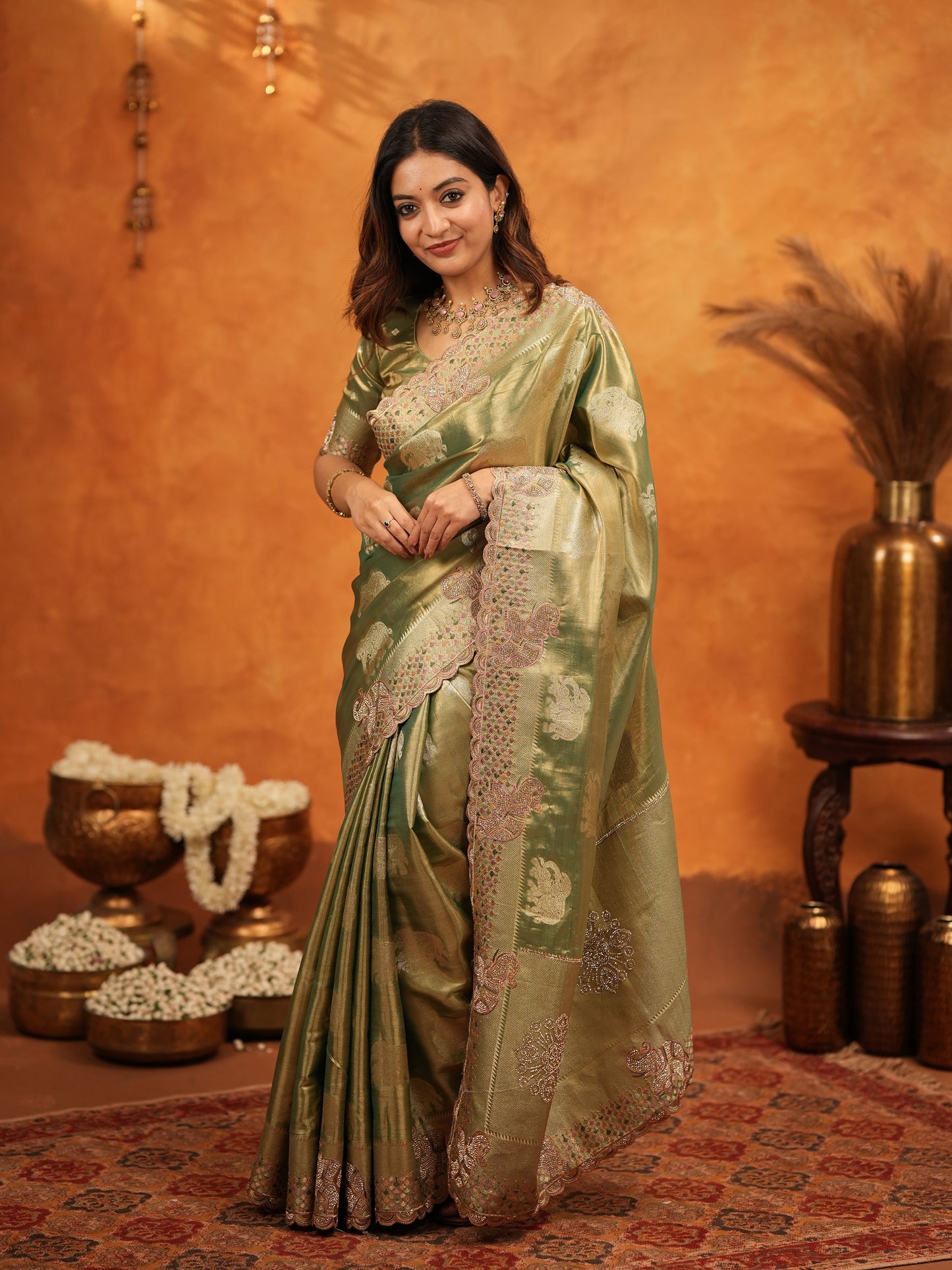 Olive Green Tissue Silk Embroidered Saree with Zari Motifs & Designer Border | Heavy Embroidered Blouse with Tassels | Wedding & Festive Wear Saree