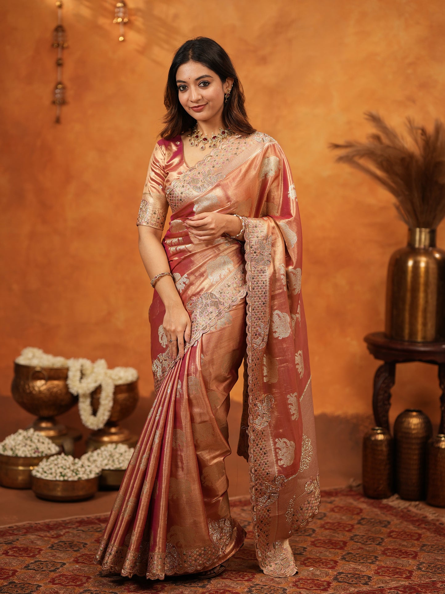 Peach Pink Tissue Silk Embroidered Saree with Zari Motifs & Designer Border | Heavy Embroidered Blouse with Tassels | Wedding & Festive Wear Saree
