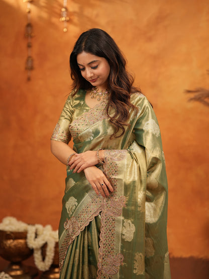 Olive Green Tissue Silk Embroidered Saree with Zari Motifs & Designer Border | Heavy Embroidered Blouse with Tassels | Wedding & Festive Wear Saree