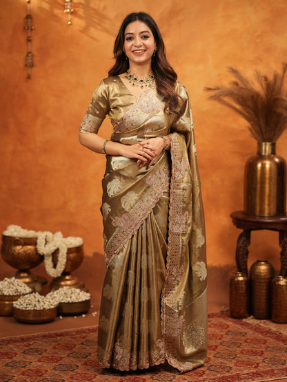 Antique Gold Tissue Silk Embroidered Saree with Rich Zari Motifs & Designer Border | Heavy Embroidered Blouse with Tassels | Wedding Festive Wear Saree