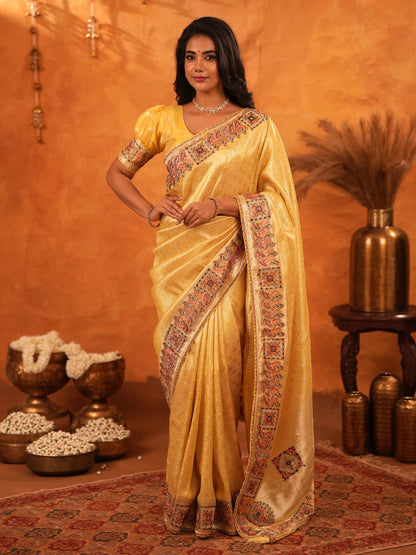 Sunshine Yellow Banarasi Silk Saree with Rich Zari Weaving & Heavy Embroidered Border | Designer Festive & Wedding Wear Saree with Blouse
