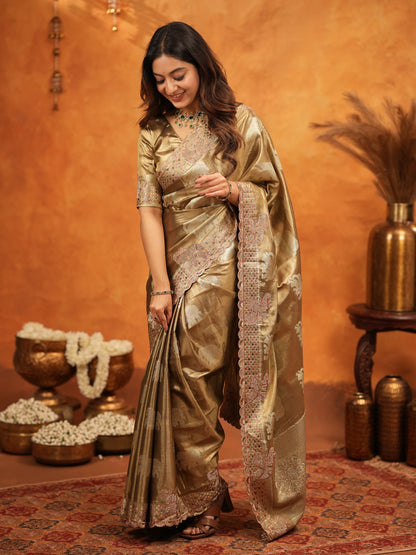 Antique Gold Tissue Silk Embroidered Saree with Rich Zari Motifs & Designer Border | Heavy Embroidered Blouse with Tassels | Wedding Festive Wear Saree