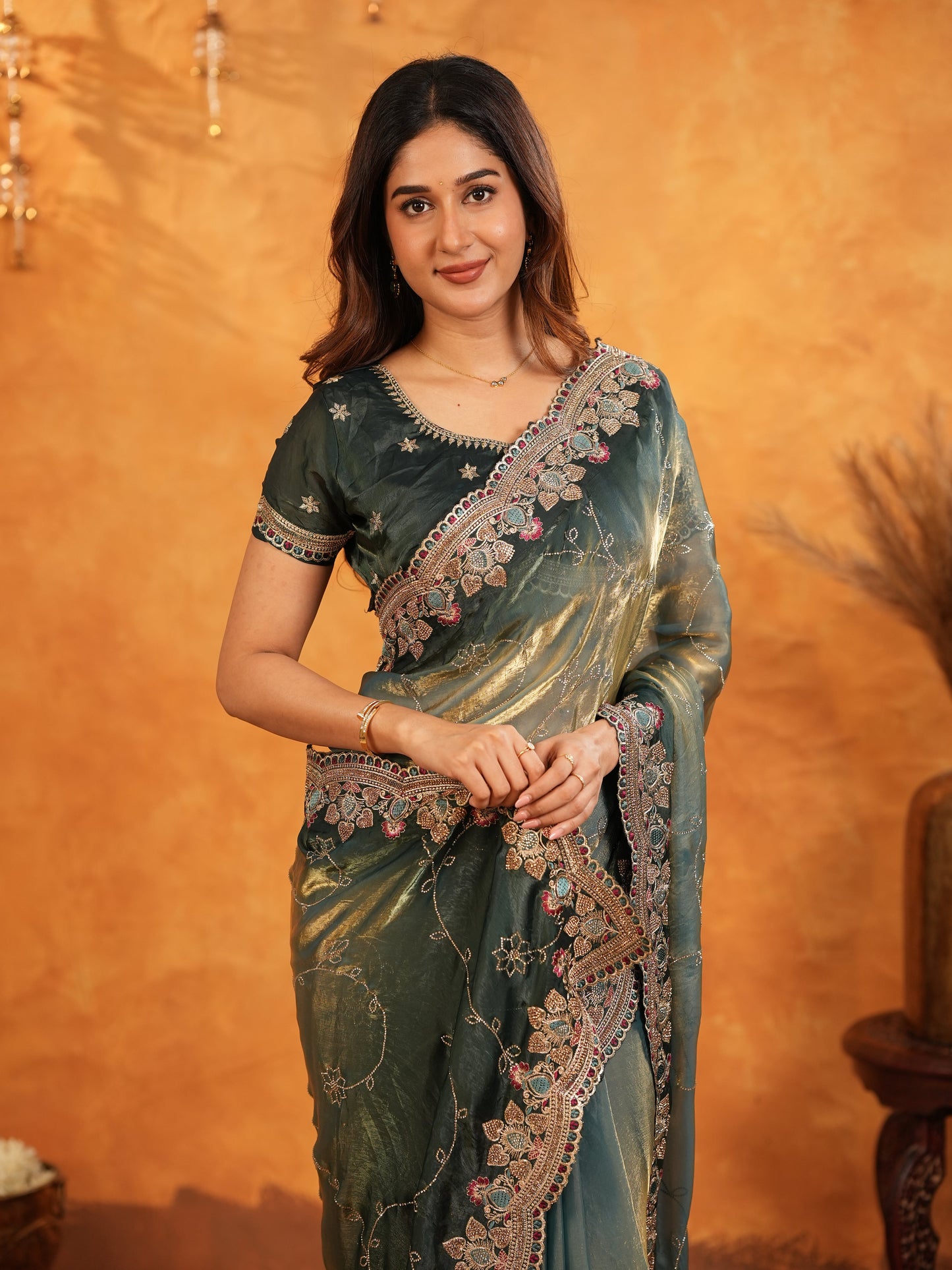 Elegant Steel Teal Fendy Satin Embroidered Saree with Floral Border & Tassel Finish | Designer Party Wear Saree with Heavy Embroidered Blouse