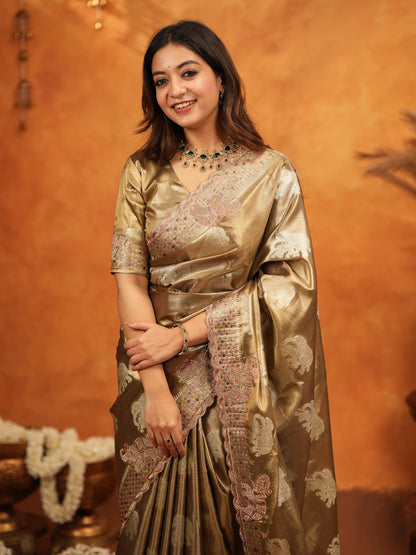 Antique Gold Tissue Silk Embroidered Saree with Rich Zari Motifs & Designer Border | Heavy Embroidered Blouse with Tassels | Wedding Festive Wear Saree