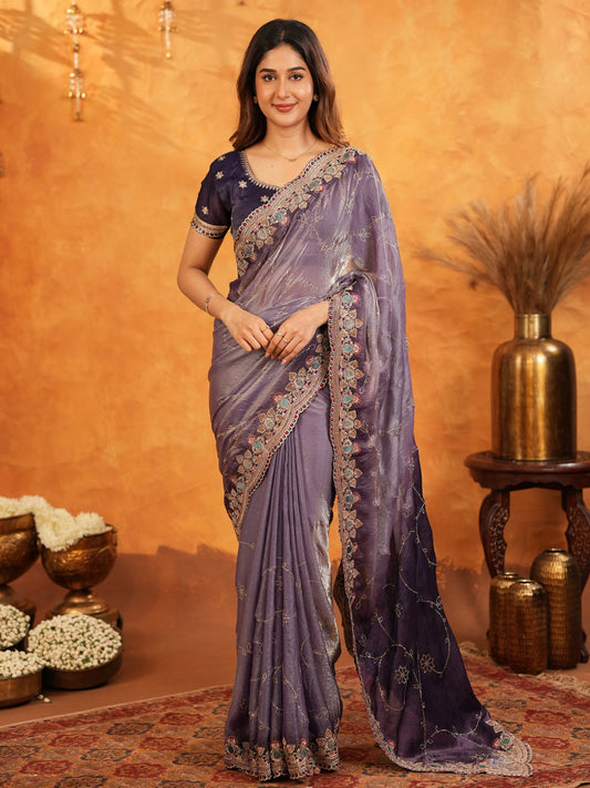 Royal Lavender Purple Fendy Satin Embroidered Saree with Intricate Floral Border & Tassels | Designer Party Wear Saree with Heavy Embroidered Blouse