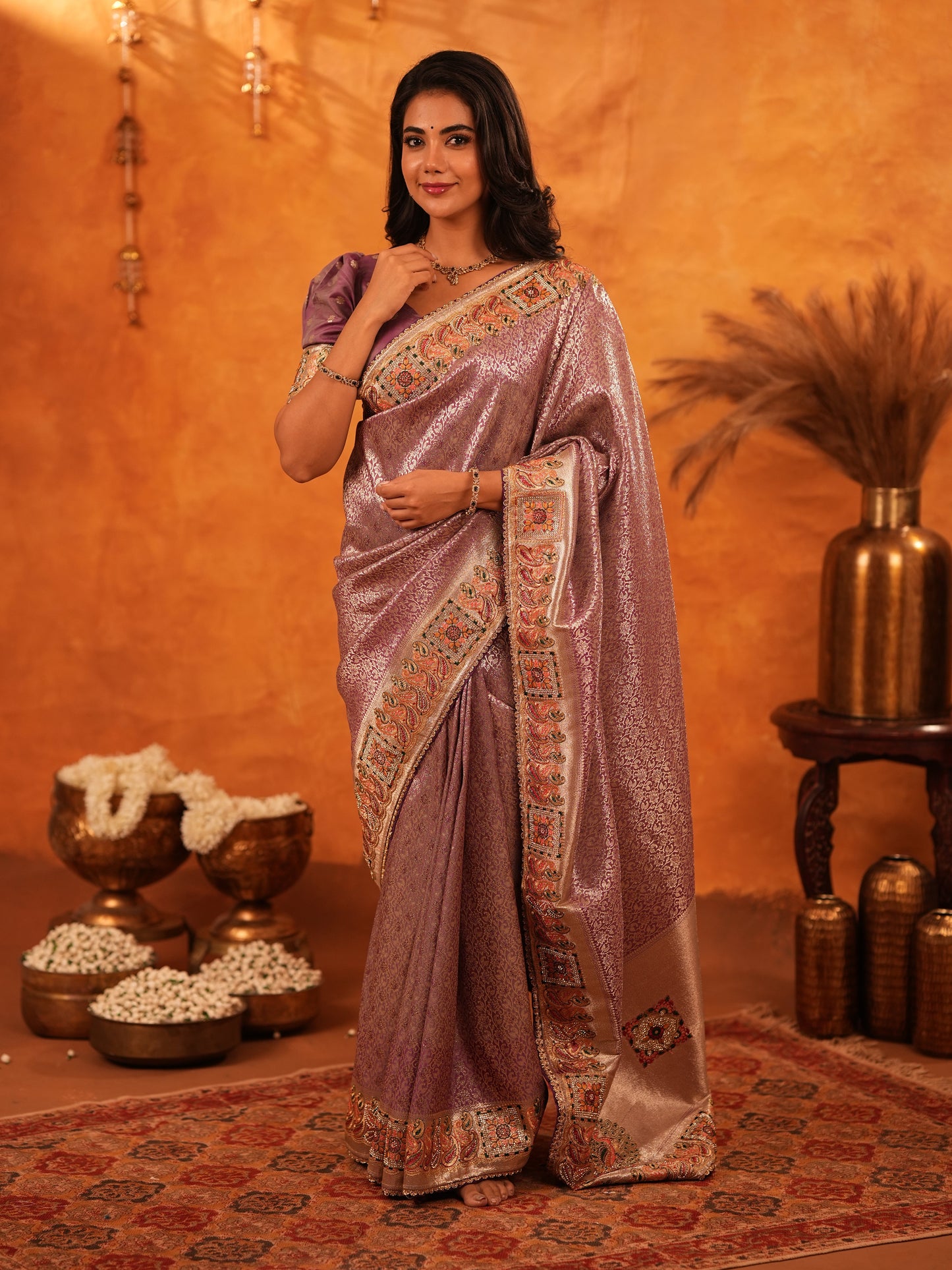 Dusty Mauve Banarasi Silk Saree with Intricate Zari Weaving & Rich Embroidered Border | Elegant Wedding & Festive Wear Saree with Blouse