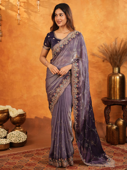 Royal Lavender Purple Fendy Satin Embroidered Saree with Intricate Floral Border & Tassels | Designer Party Wear Saree with Heavy Embroidered Blouse