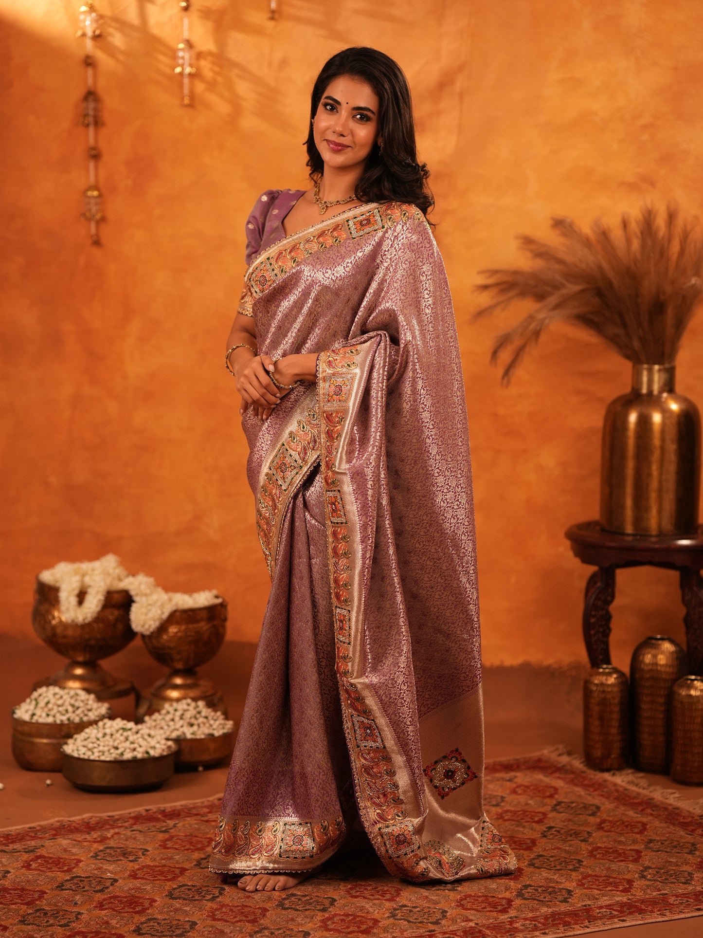 Dusty Mauve Banarasi Silk Saree with Intricate Zari Weaving & Rich Embroidered Border | Elegant Wedding & Festive Wear Saree with Blouse